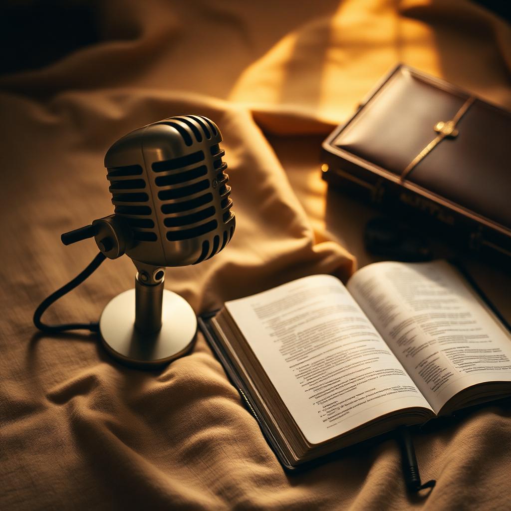 Vintage microphone beside an open Bible in golden light